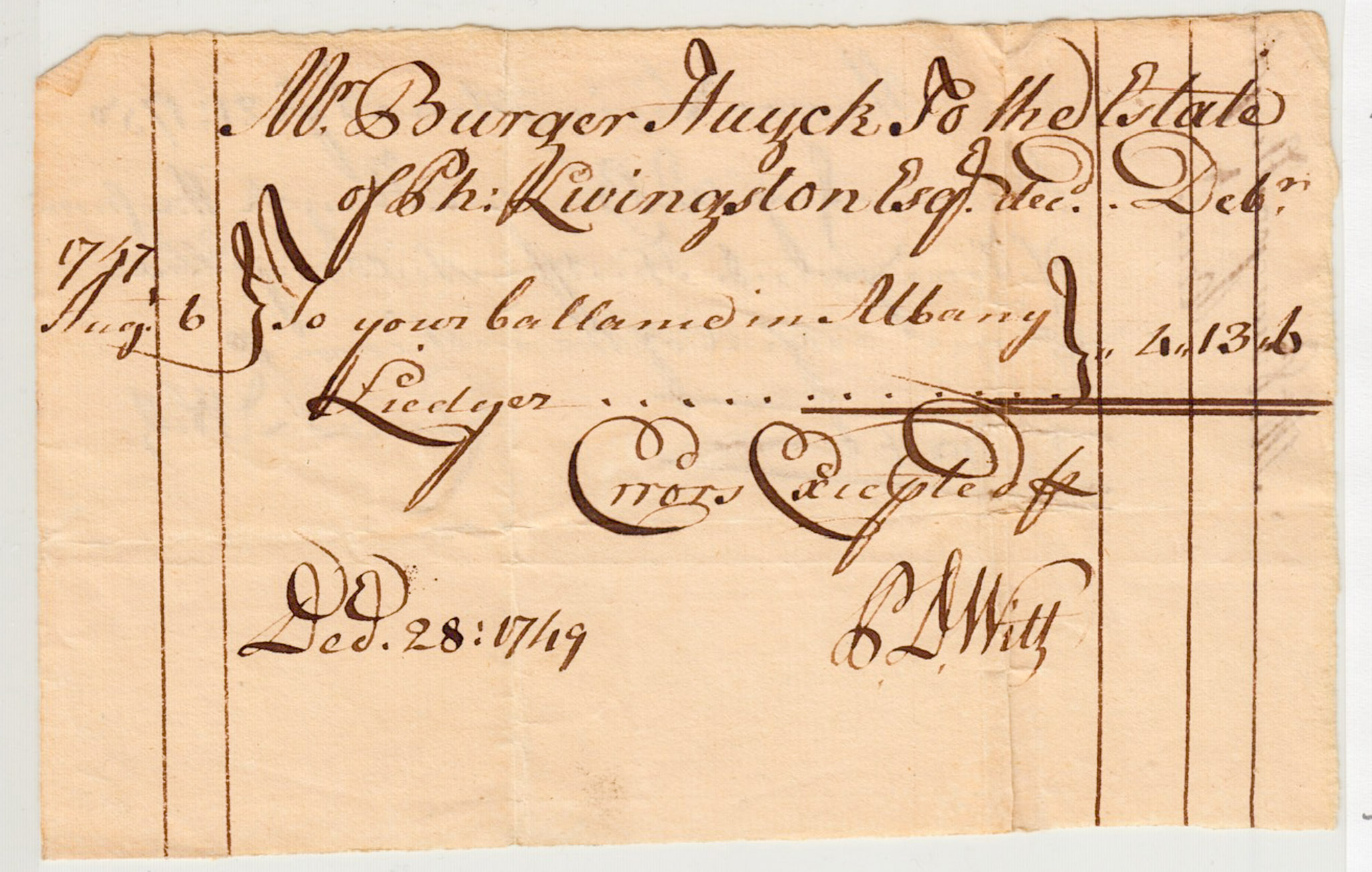 BH005 1750-08-21 Ledger & Receipt, Estate of Ph. Livingston Esq to Burger Huyck - obverse